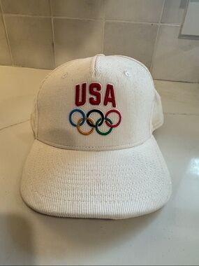 USA Olympic Rings Embroidered White Corduroy Cap